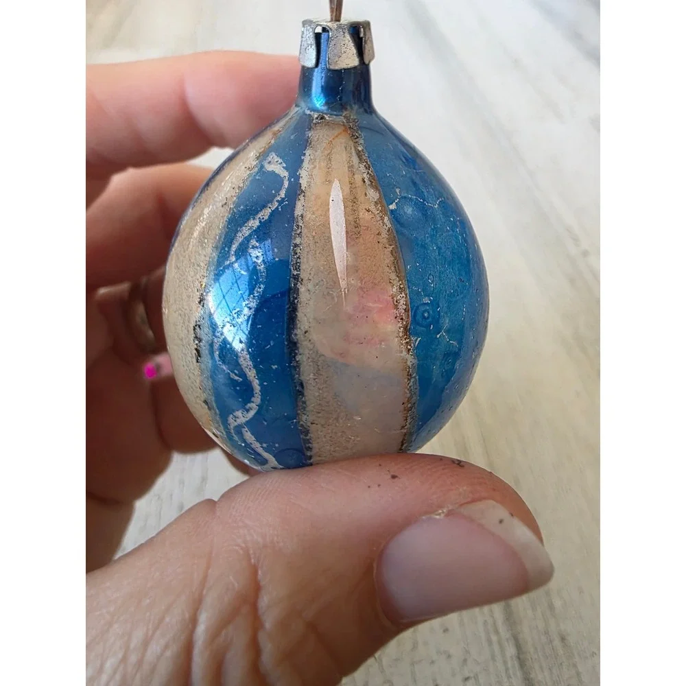 Vintage indent pink blue glass ornament teardrop ball Xmas tree